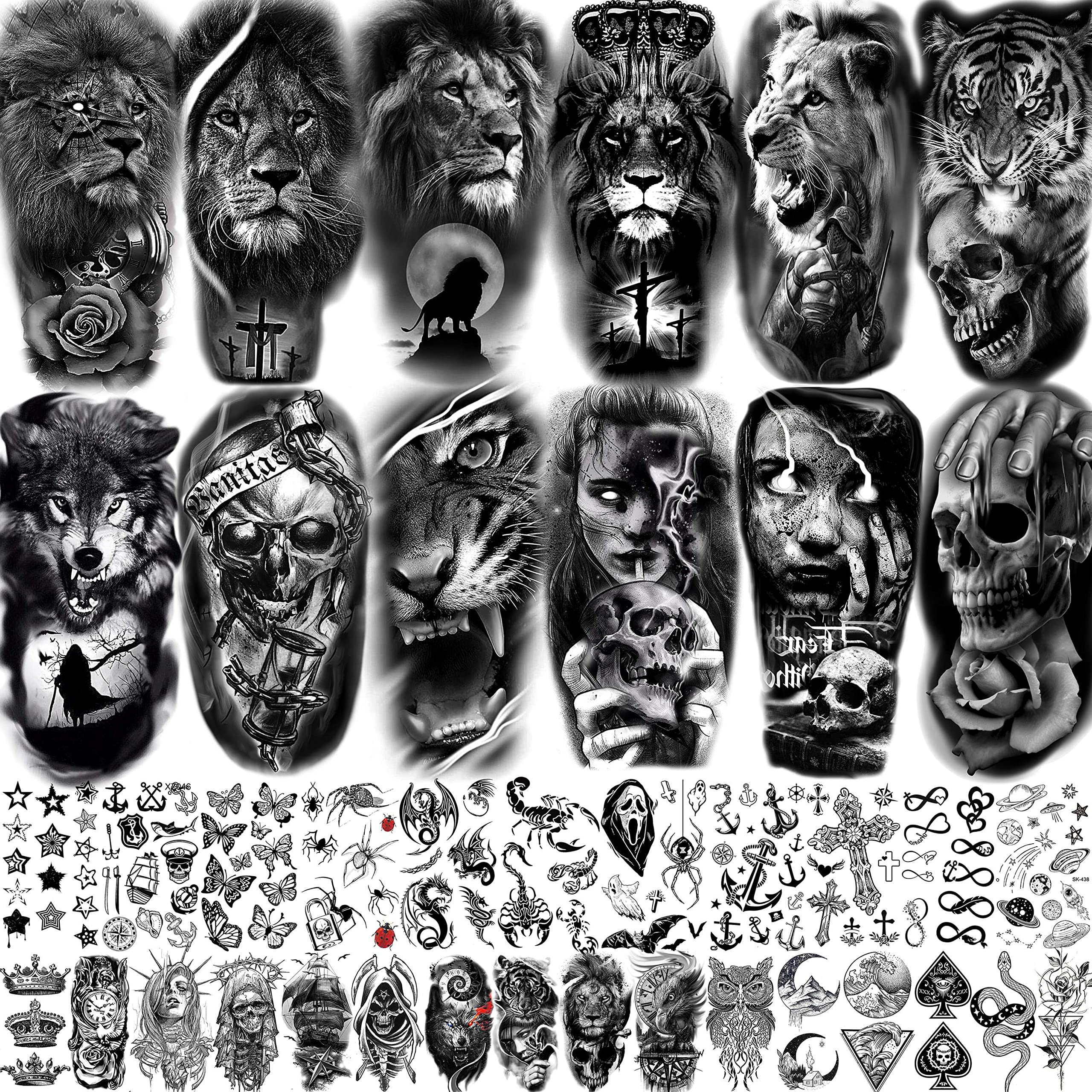 JOEHAPY 39 Sheets 3D Forarm Black Realistic Wolf Tiger Lion Temporary  Tattoos For Men Women Thigh