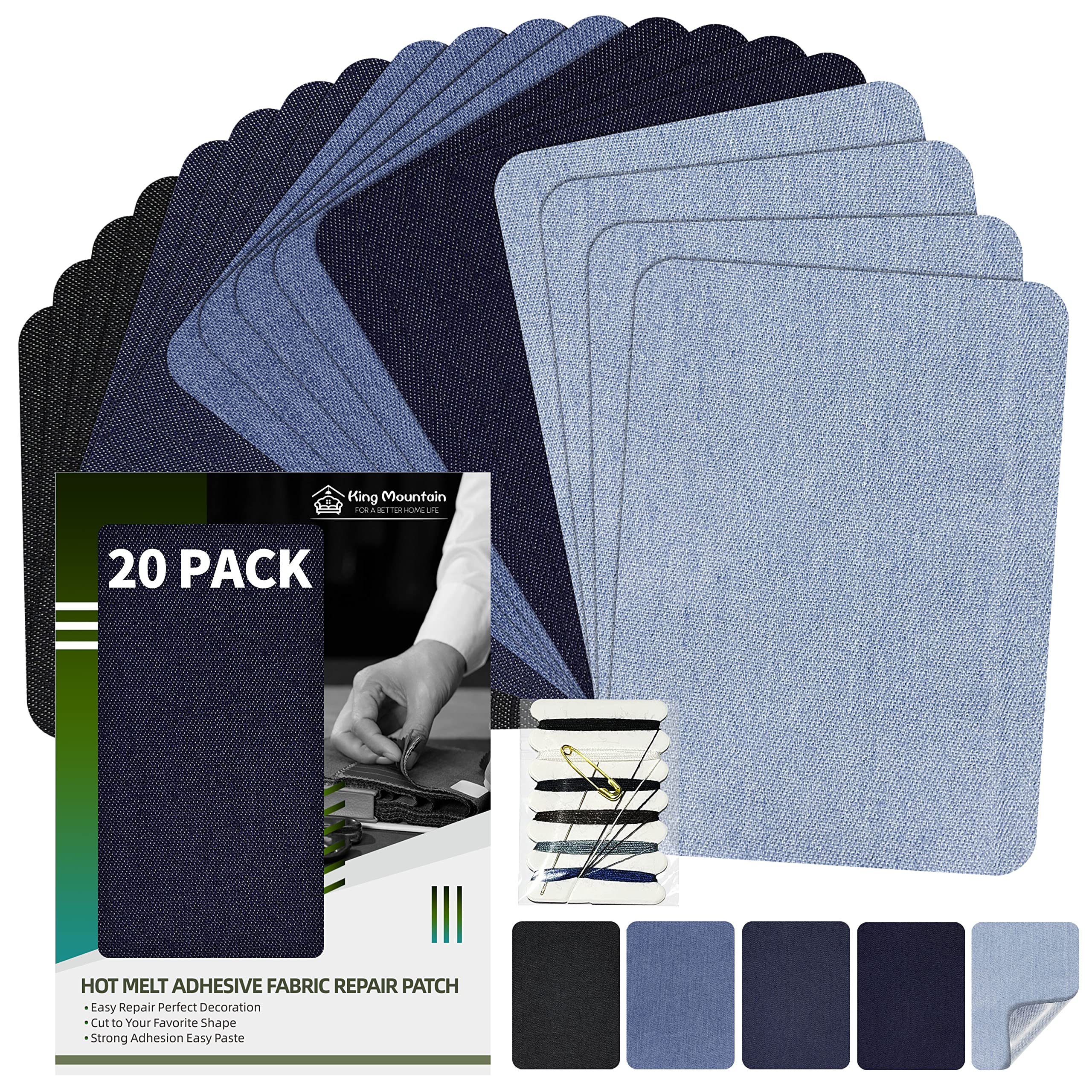 KING MOUNTAIN Iron-on Repair Patch 20 Pcs Pack 100% Cotton Denim