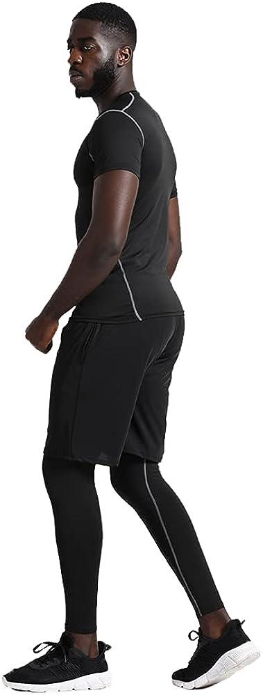 BUYJYA 5Pcs Men's Compression Pants Shirt Top Long Sleeve Jacket Athletic  Sets Gym Clothing Mens Workout Valentine's Day gift Black Large