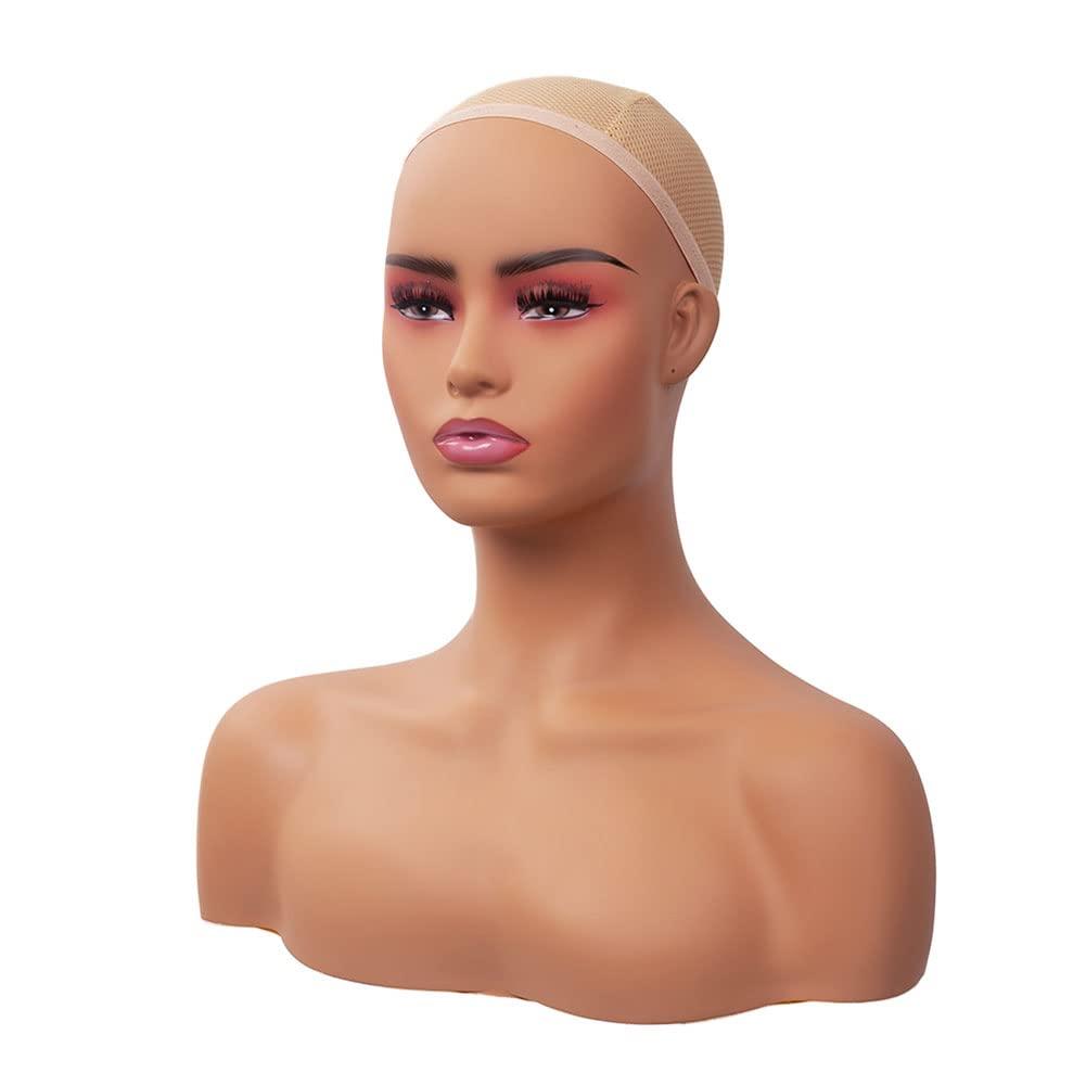Pwigs Realistic Female Mannequin Head with Shoulder and Make Up Display  Manikin Head Bust for Wigs Earrings Necklaces Sunglasses Jewelry (Beige  Color)