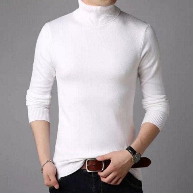 White Slim Fit Mock Turtleneck Sweater by