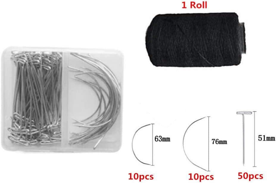 72PCS Hair Weave Needle and Thread Set Thick Black Hair Weft Sewing Thread  and Wig T Pins C Curved Needles Kit for Wig Making Blocking Knitting