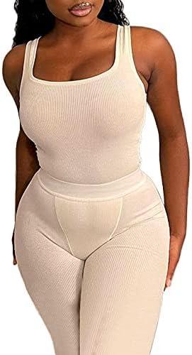 LICOBOD Casual Workout Sets 2 Piece Outfits for Women Ribbed Crop Tank Top  High Waist Yoga Leggings Lounge Wear Tracksuit Medium Long Beige