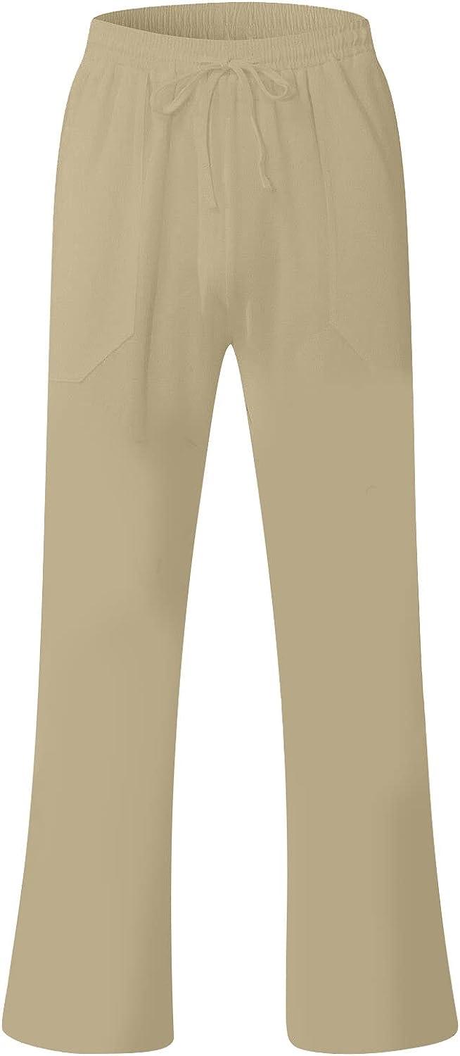 Mens Linen Pants Lightweight Elastic Waist Drawstring Pants Summer Casual  Loose Fit Beach Yoga Pants Trousers with Pockets XX-Large A-khaki