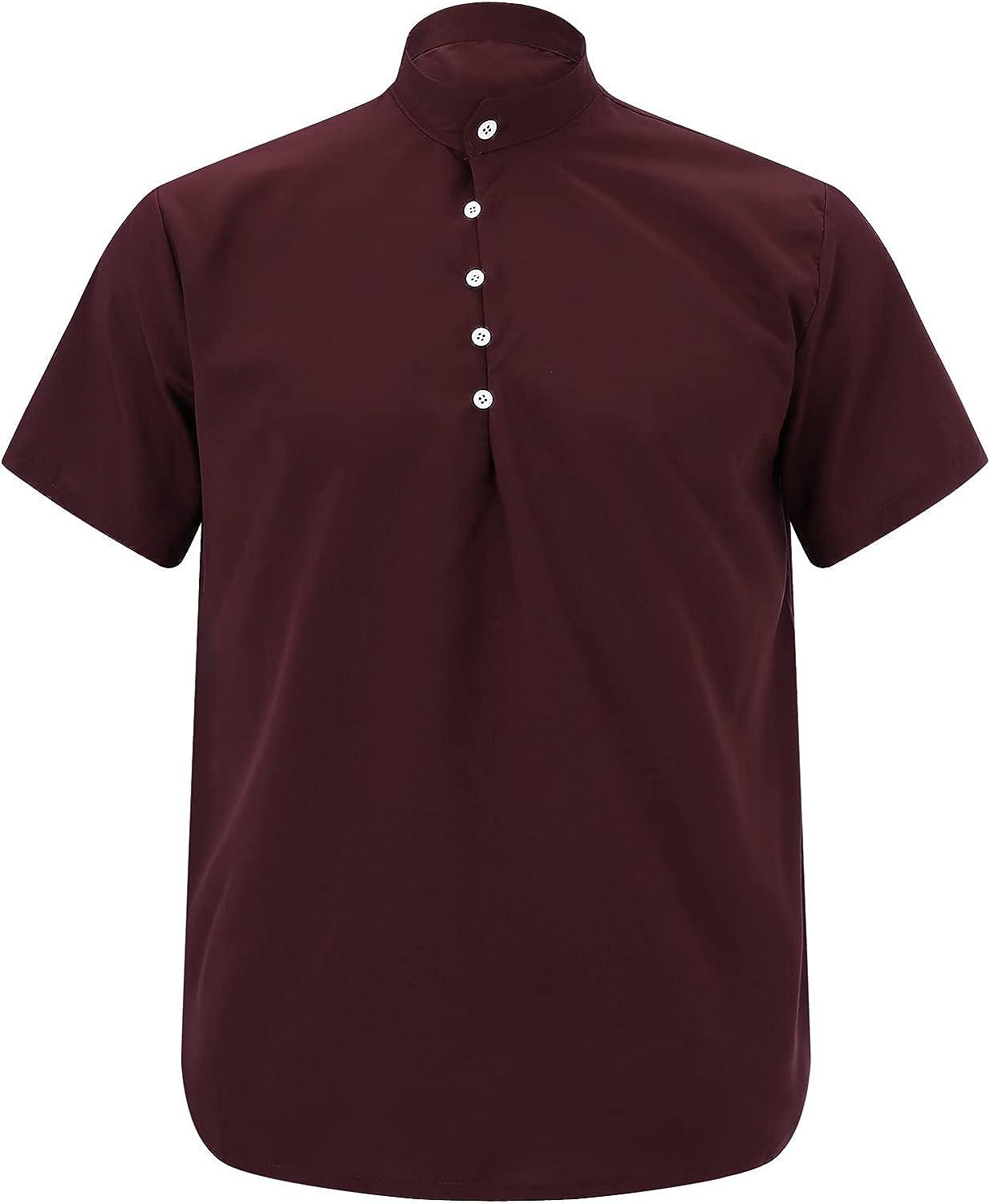 MIUERSA Men Summer Thin T-Shirt Casual Cool Ice Silk Regular-Fit Button  Stand Collar Short Sleeve Shirts Tops Blouses Wine Medium
