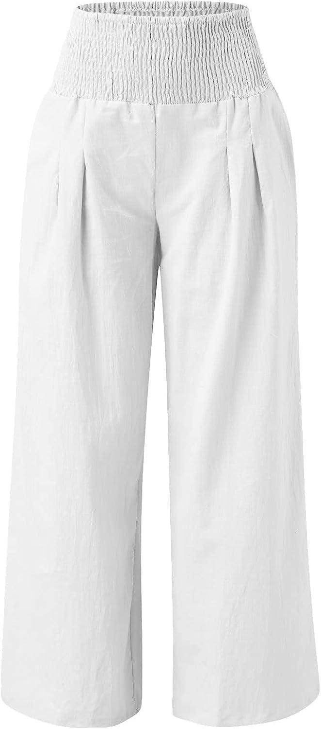 FUAIOKT Linen Wide Leg Beach Palazzo Pants for Women High Waisted Casual  Flowy Pants Loose Fit Smocked Lounge Trousers S-5XL A-white Small