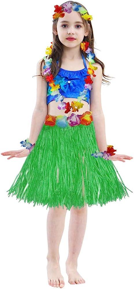 Tongcloud 8 Pieces Hawaiian Hula Grass Skirt Costume Set Accessory Kit  Elastic Hawaiian Flower Costume Set