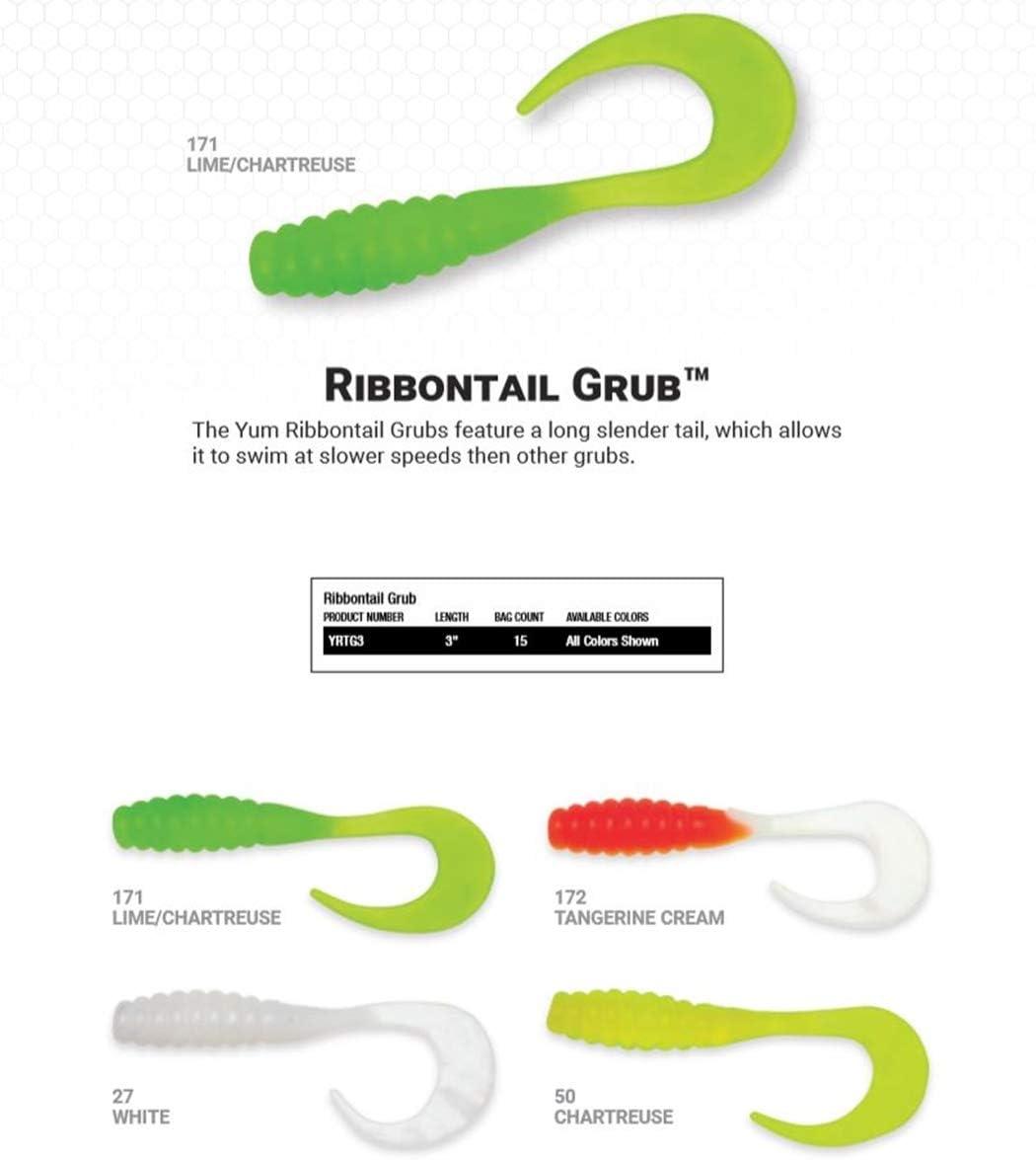 YUM Ribbontail Grub Curly-Tail Swim-Bait Bass Fishing Lure, 3 Inch Length,  15 per Pack Chartreuse