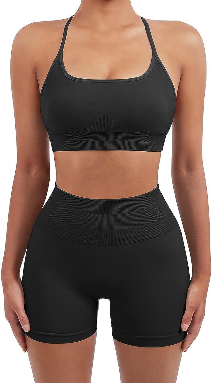 SUUKSESS Women Seamless 2 Piece Workout Sets Strappy Padded Sports Bra  Booty High Waisted Leggings Outfits