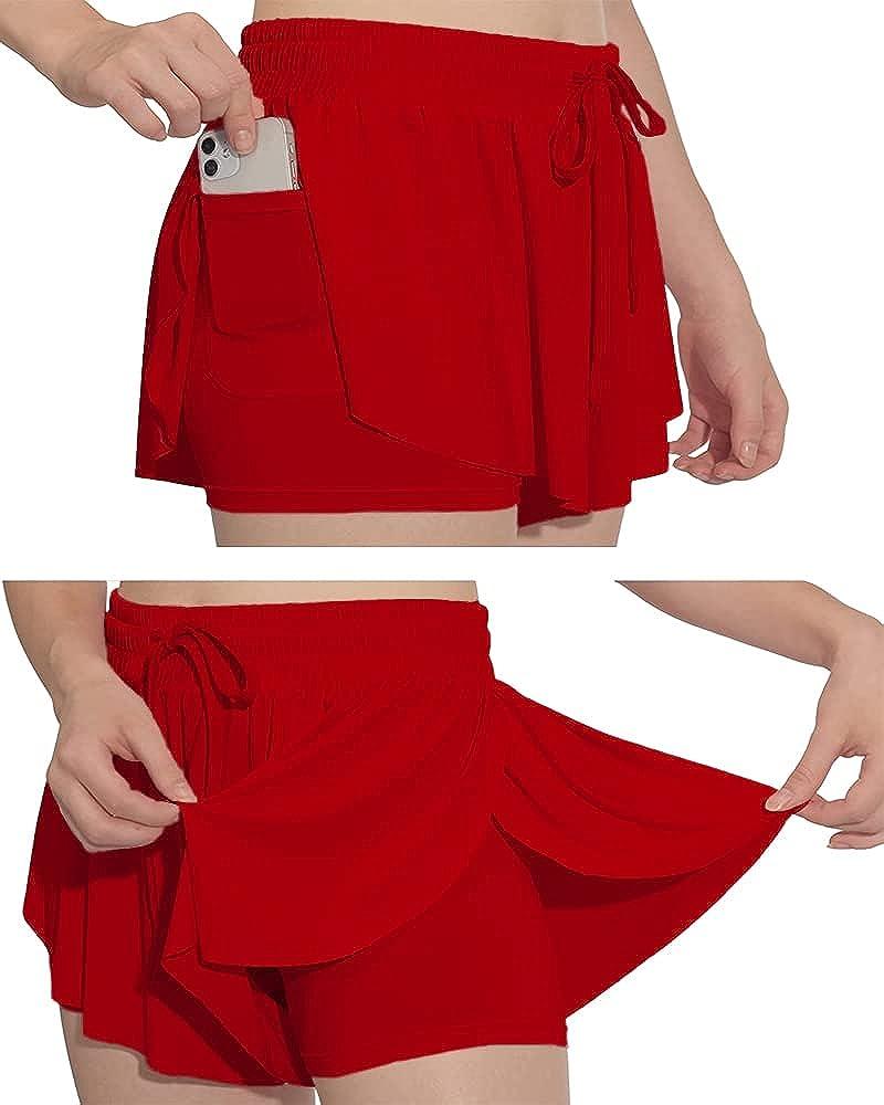 2 in 1 Flowy Athletic Shorts for Women Casual Butterfly Running Athletic Shorts  Workout Active Yoga Shorts with Pockets Red Large