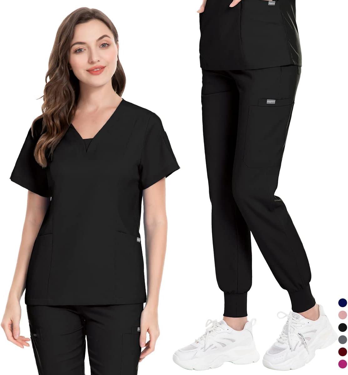 niaahinn Scrubs Set for Women Nurse Uniform Jogger Suit Stretch Top & Pants  with Multi Pocket for Nurse Doctor Esthetician Workwear (Black, X-Small) :  : Clothing, Shoes & Accessories