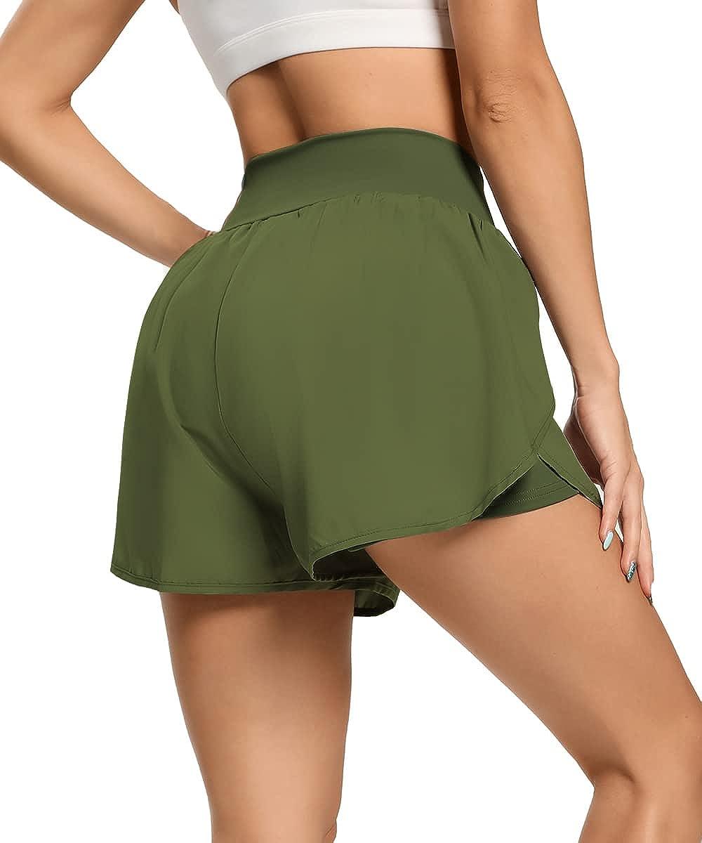 Quccefods Womens Cross Waist Workout Shorts with Pocket Quick-Dry Athletic  Running Shorts Elastic High Waisted Shorts Army Green Large