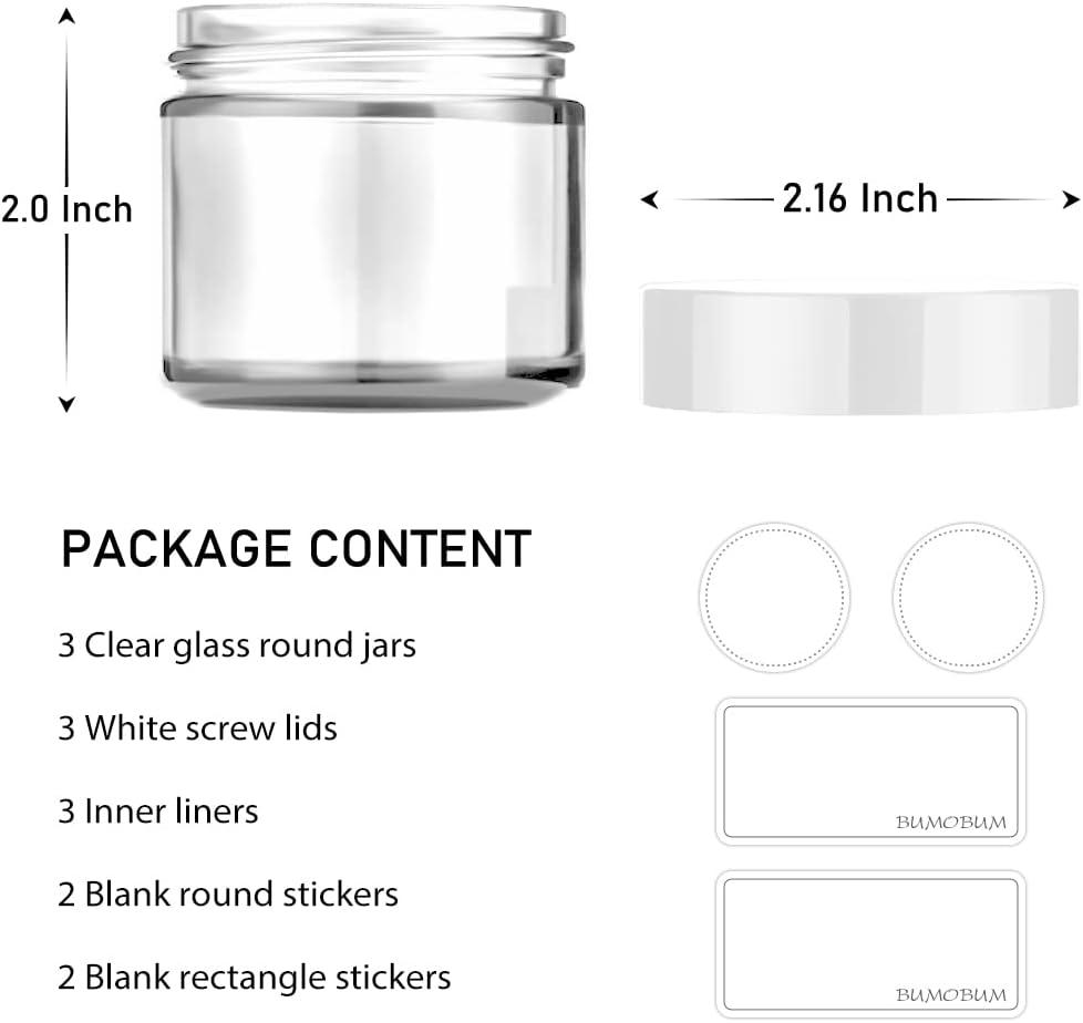 2 oz Glass Jars with Lids, Bumobum 3 Pack Clear Small Jar with White Lids, Blank Labels & Inner Liners, 60 ml Empty Round Cosmetic Containers for