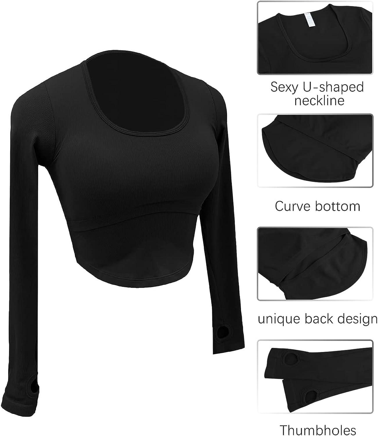 ECUPPER Workout Crop Tops for Women Long Sleeve Open Back Compression Yoga  Shirts with Thumb Hole Padded Athletic Tank Tops Black Small