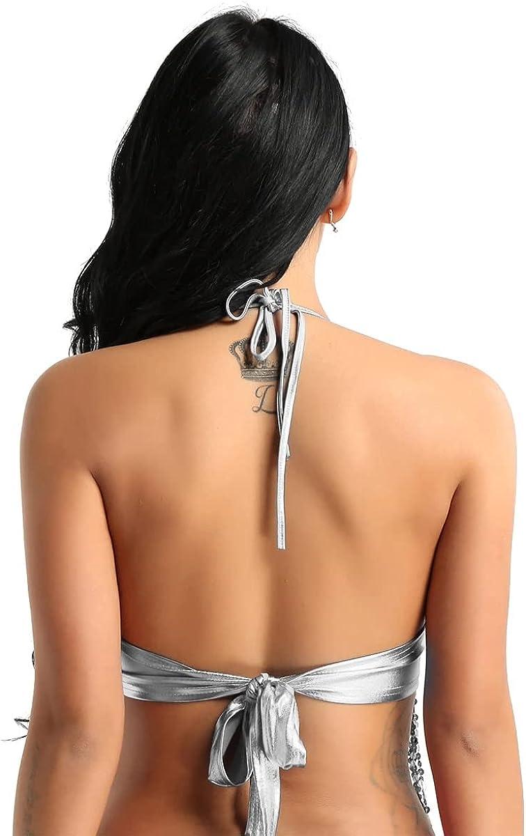 Sparkly Backless Halter Bra Crop Top Glitter Tassels Body Chain for Women