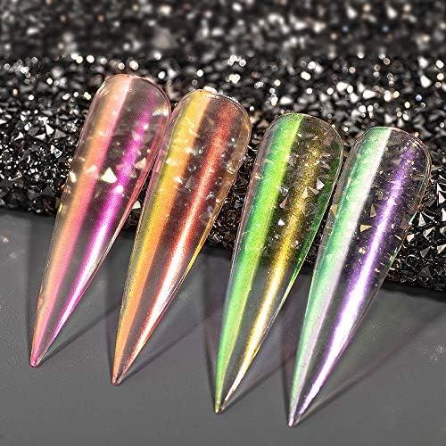 Chrome Nail Powder, canne 4Colors Mirror Holographic Aurora Iridescent  Pearlescent Nail Pigment Powder with Eyeshadow Sticks