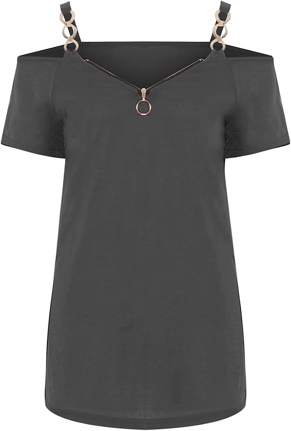 LADIGASU Womens Goth Plus Size T-Shirt Summer Cold Shoulder Short Sleeve  Blouse Tops Sexy V Neck Tunic Top XX-Large C-black