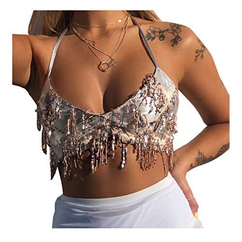 Wuchieal Women's Belly Dance Costume Sequin Bra Tassel Top with Chest Party  Club Wear Bra Top One Size Apricot