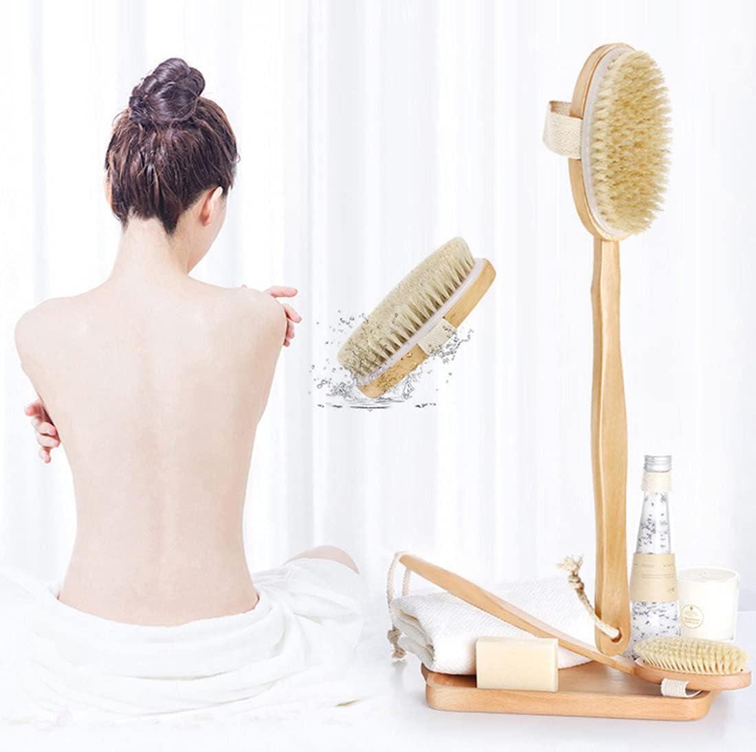 Natural Bristles Back Scrubber Shower Brush With Detachable Long