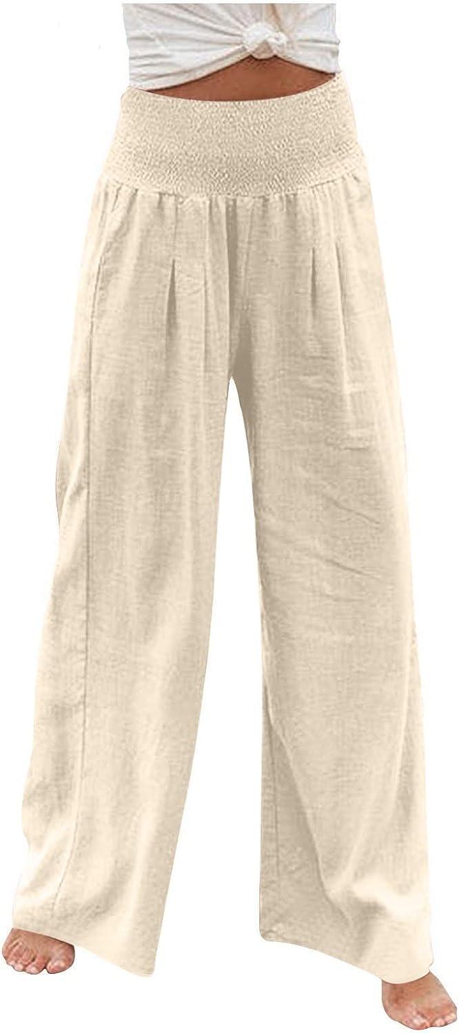 Women Palazzo Pants Cotton Linen Ladies Pants with Pockets High