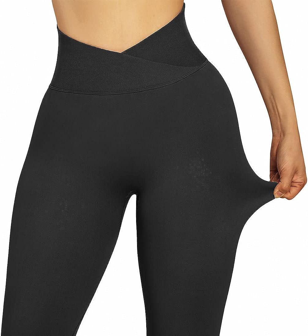 SUUKSESS Women Crossover Seamless Leggings Butt Lifting High Waisted  Workout Yoga Pants Medium Black