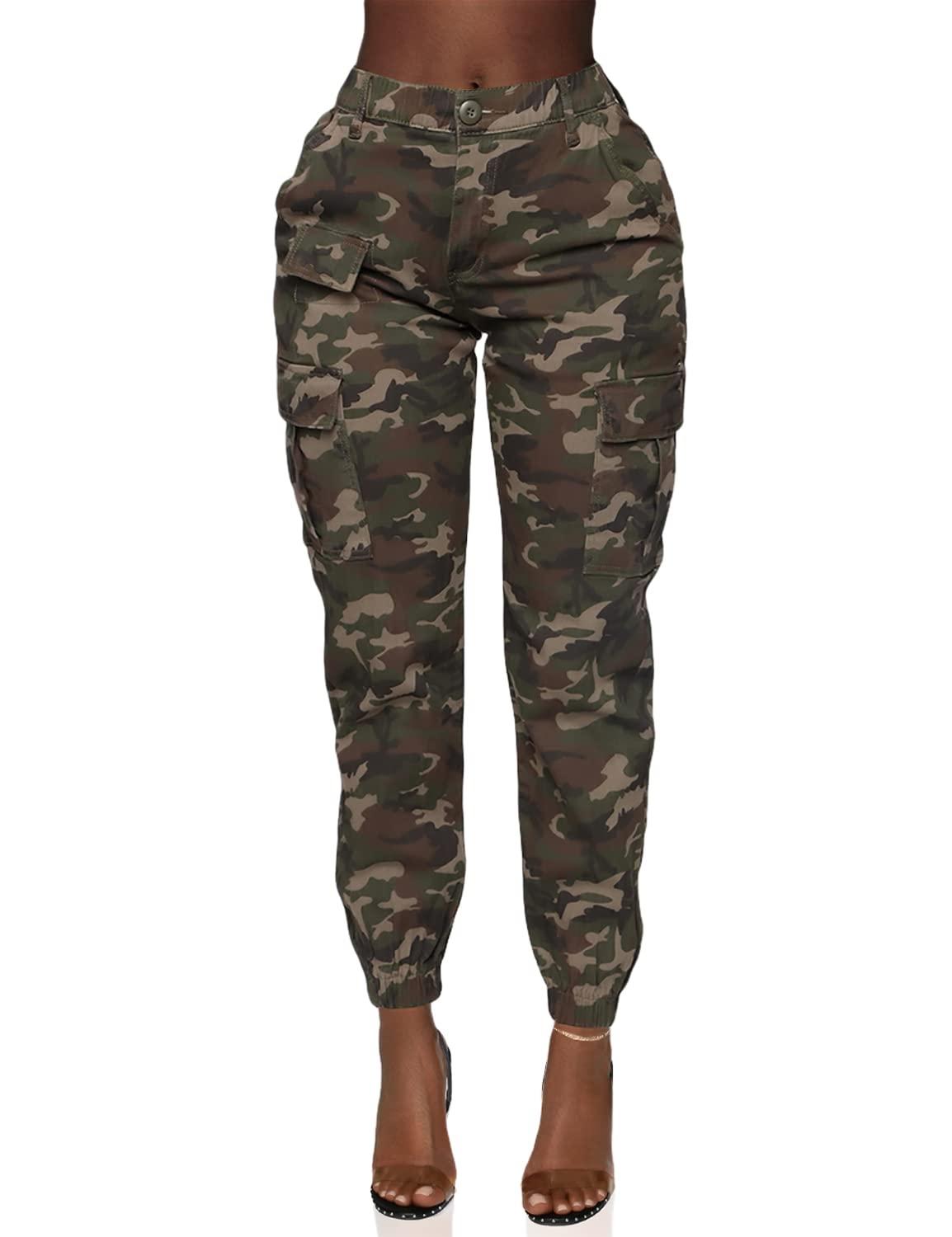 Double Denim Women's High Waist Jogger Pants - Casual Cargo Elastic  Waistband Sweatpants Tapered Fatigue with 6 Pockets Camouflage X-Large