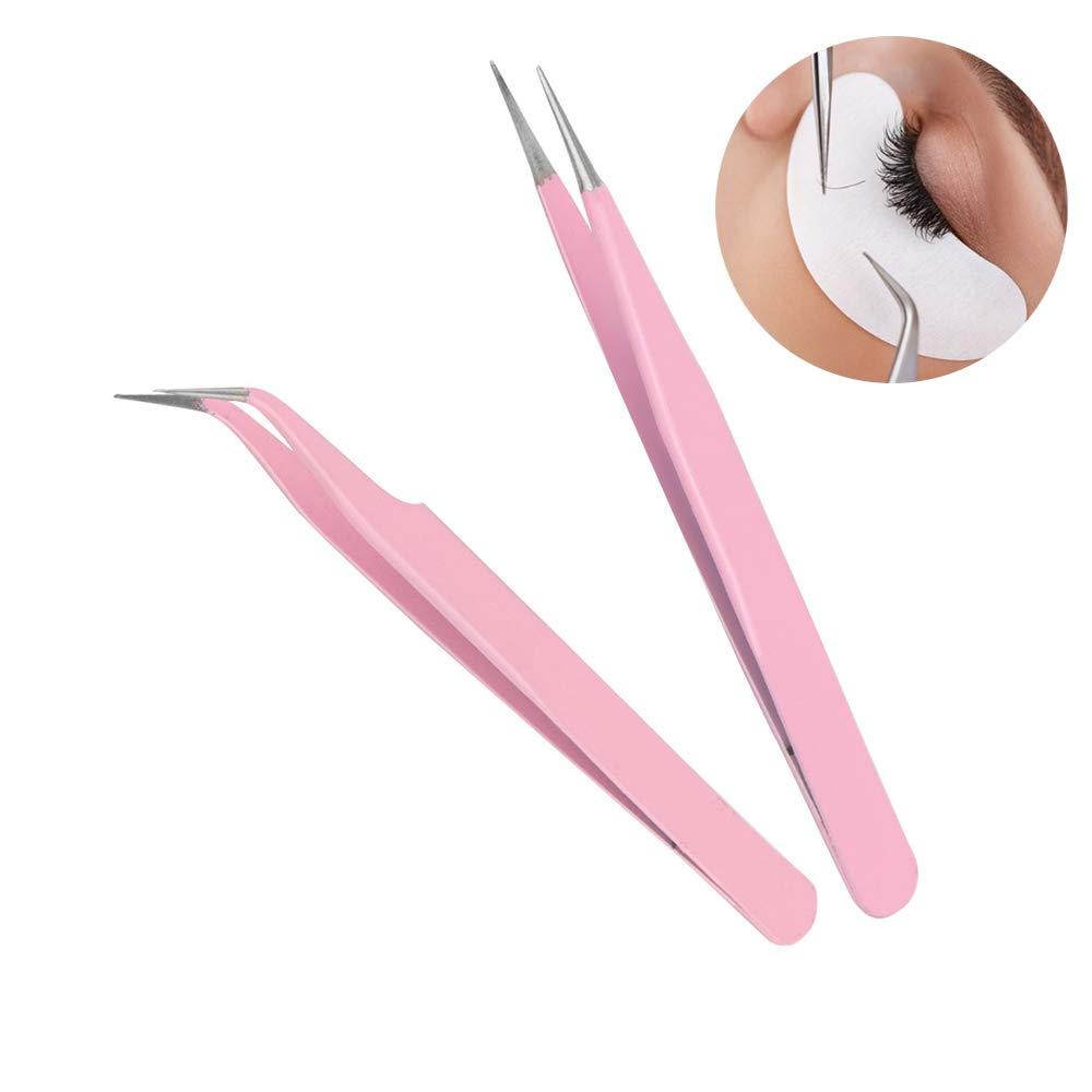 ZeroZ 2 Pcs Stainless Steel Tweezers for Eyelash Extensions Precision  Electronics Nail Sticker Rhinestone Jewelry Anti-Static Non-Magnetic (Pink)