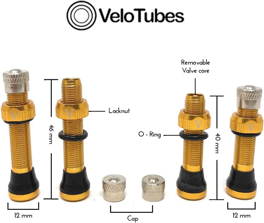 VeloTubes Tubeless Schrader Valve Stems - Pair of 40mm or 46mm Alloy Valve  Stems 40mm Gold