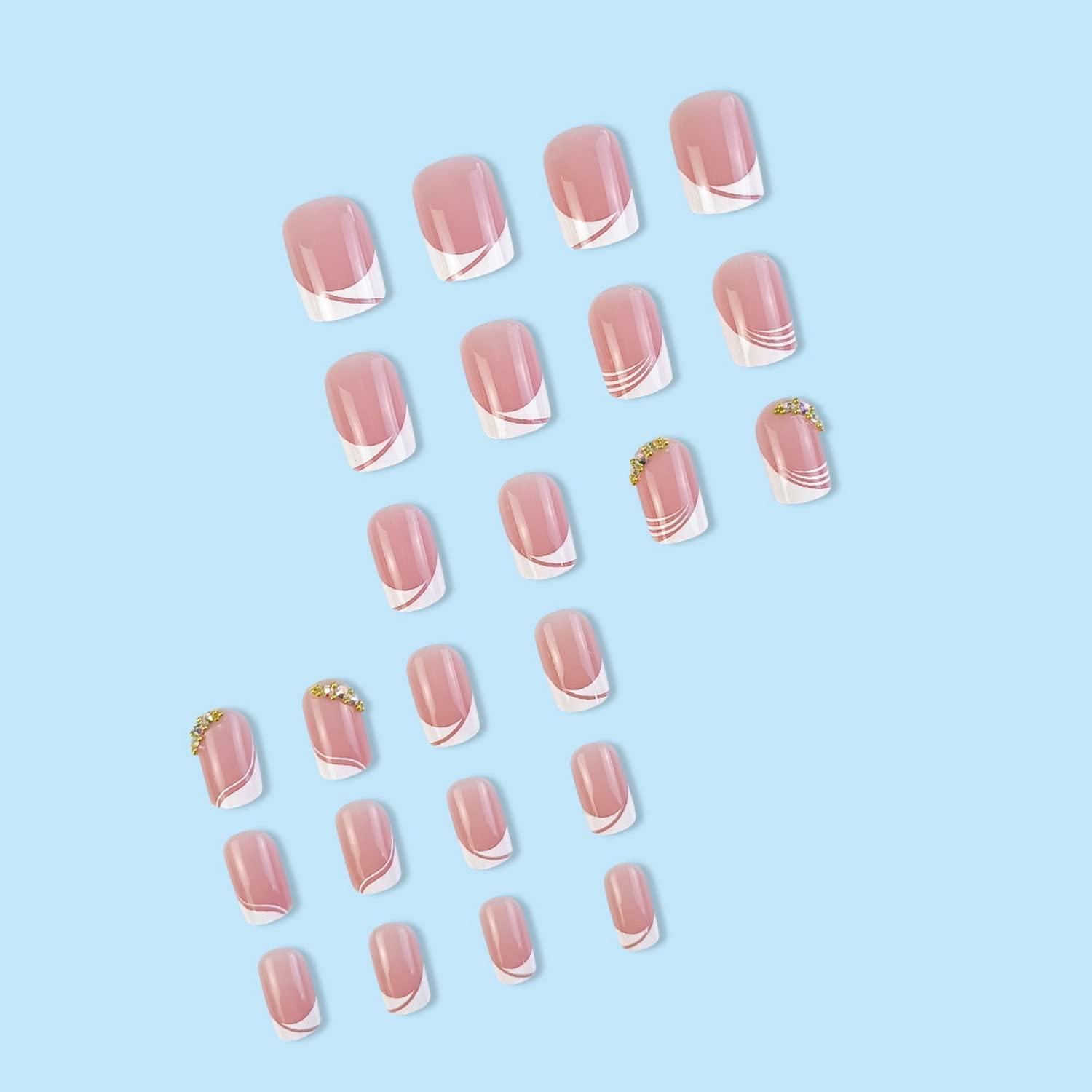 24 Pcs French Tip Press on Nails Short Square Fake Nails Nude Pink Glue on  Nails with Rhinestones Designs Medium French Acrylic Nails White Nail Tip  Artificial Nails for Women Nail Art