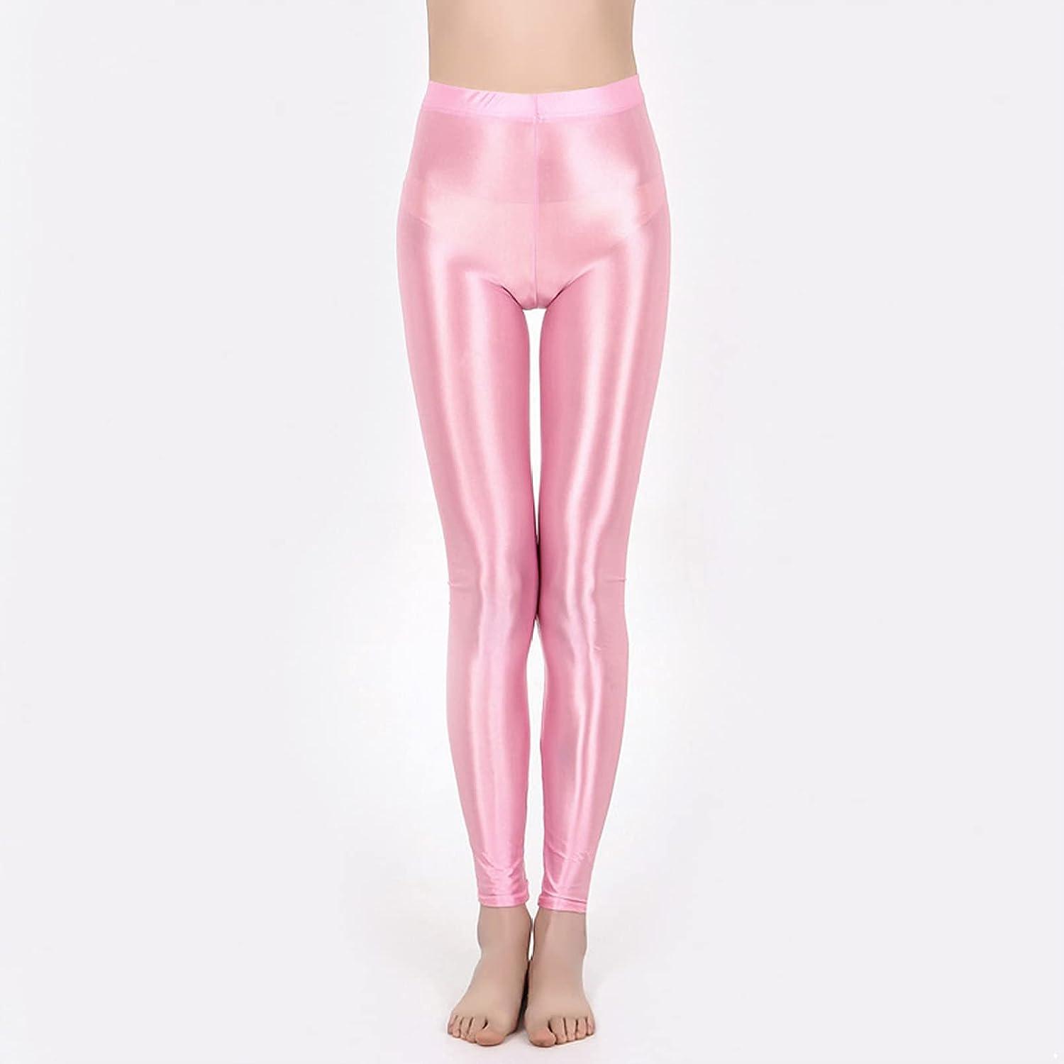 YONGHS Women's High Waist Shiny Metallic Stretchy Leggings Tights Pants  Rave Dance Bottoms Clubwear Pink a Medium