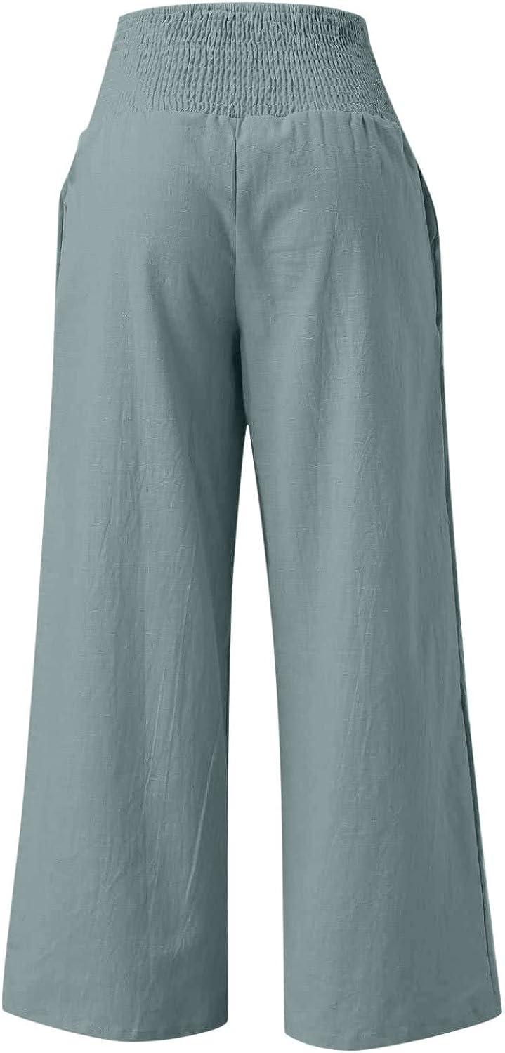 Women Wide Leg Linen Pants, High Waisted Summer Casual Cotton Linen Palazzo  Pants with Pockets