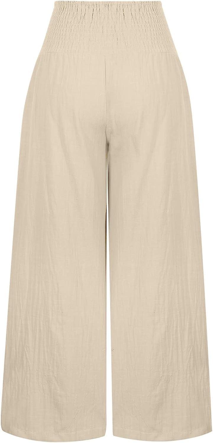 JEGULV Linen Pants for Women Casual Summer High Waist Wide Leg Palazzo  Lounge Pants Solid Baggy Pant Trousers with Pocket D01#khaki Large