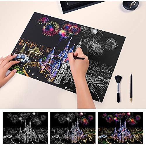 Pobec Scratch Art for Adults, Scratch Paper Rainbow Painting Sketch Pads  DIY Art Craft Night View Scratchboard with Clean