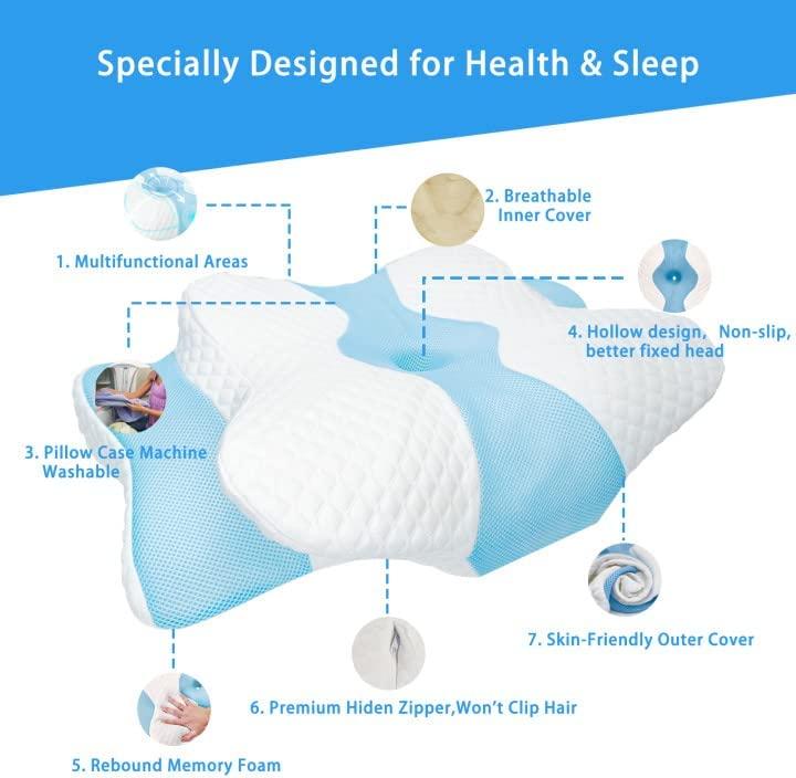 Memory Foam Cervical Pillow, Househerb Multifunctional Ergonomic Contour  Pillows, Orthopedic Pillow for Neck and Shoulder Pain Relief, Washable  Pillowcase, for Side Back Stomach Sleepers (Blue)