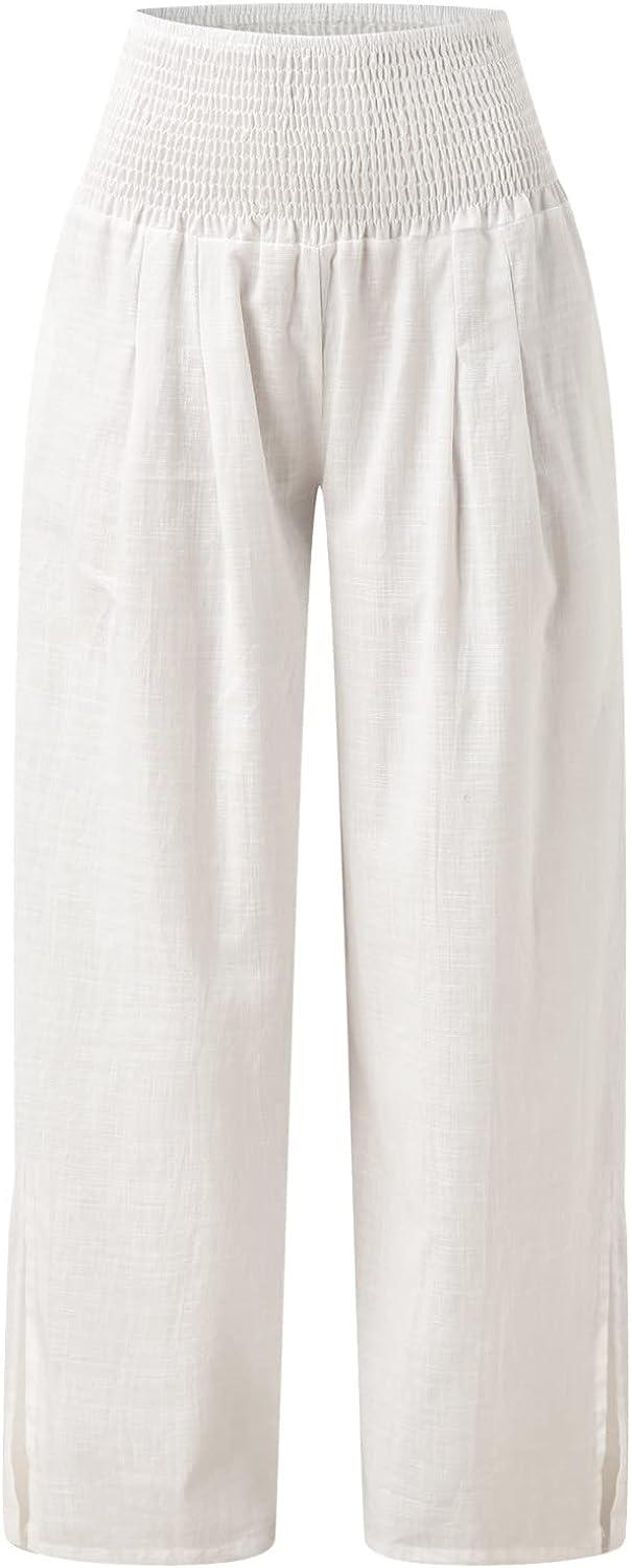 VISALY Women's Linen Pants Soft Elastic Waist Cotton Wide Leg Beach Casual  Trouser