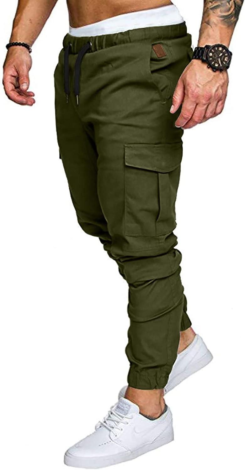 JMIERR Mens Fashion Cargo Pants - Casual Cotton Tapered Stretch Twill  Drawstring Athletic Joggers Sweatpants with 6 Pockets Medium A Green 1