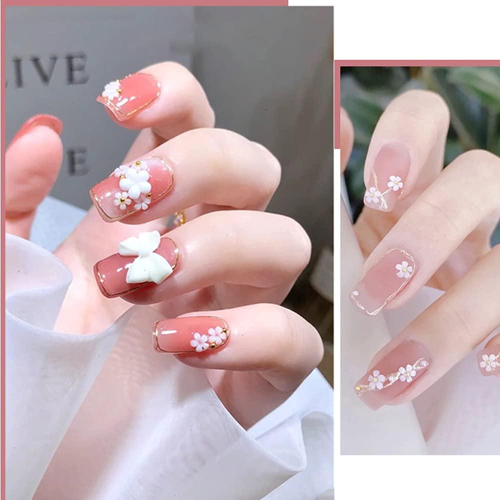 Dornail 3D Flower Nail Charms White Pink Acrylic Flowers Nail Rhinestones  With Nail Pearls Caviar Beads Nail Art Accessories for DIY Nail Decorations