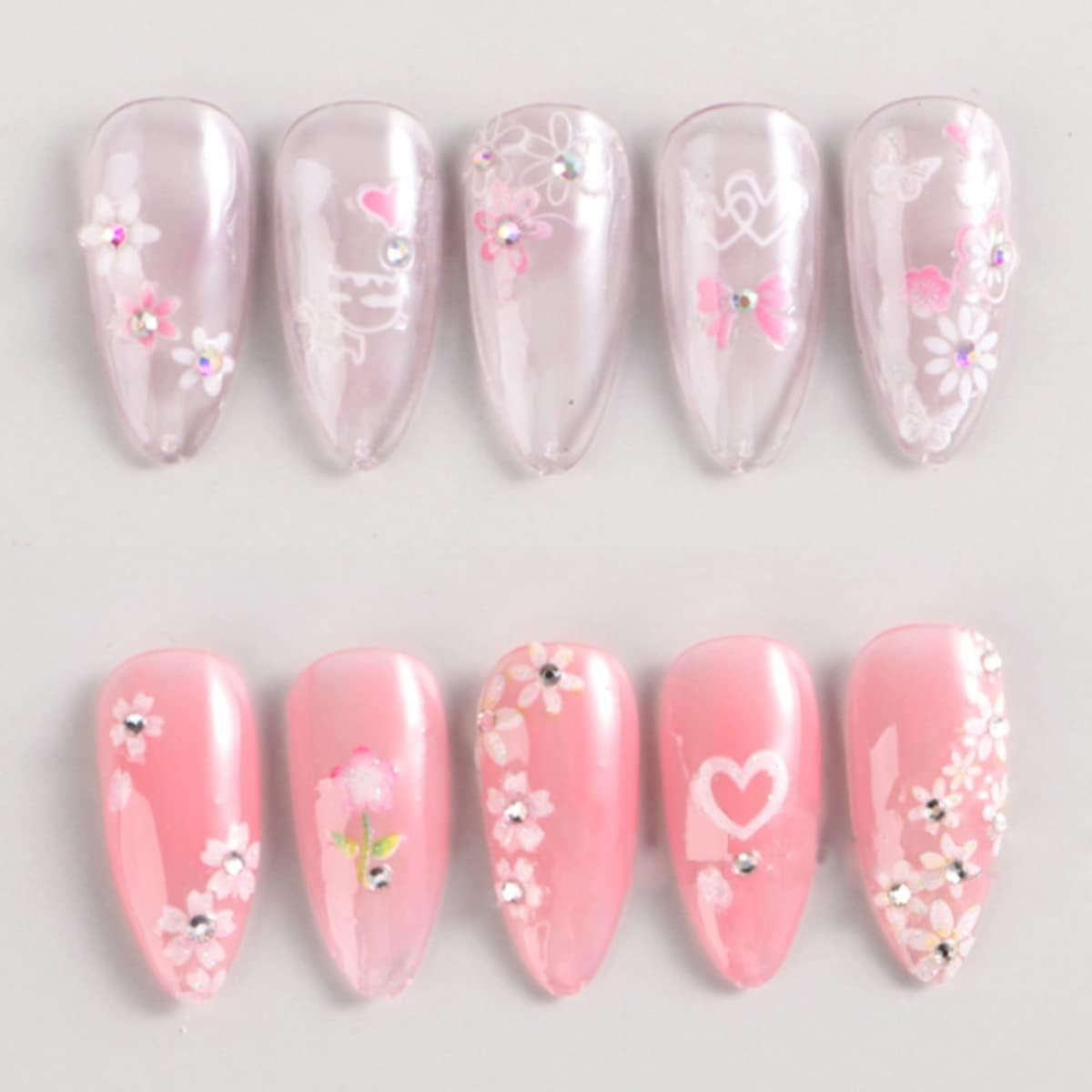 Square Medium False Nail Glitter Pink White Press on Nails for Nail Art  24pcs | eBay
