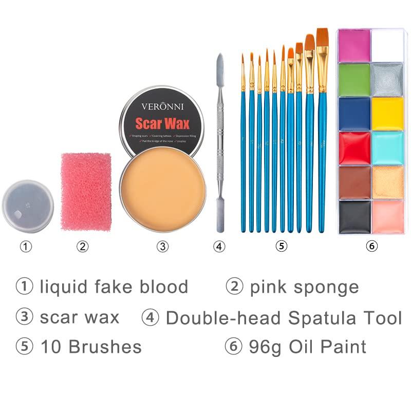 Halloween Special Effects SFX Makeup Kit with Wound Modeling Scar Wax, Face  Body Paint Oil, Brushes