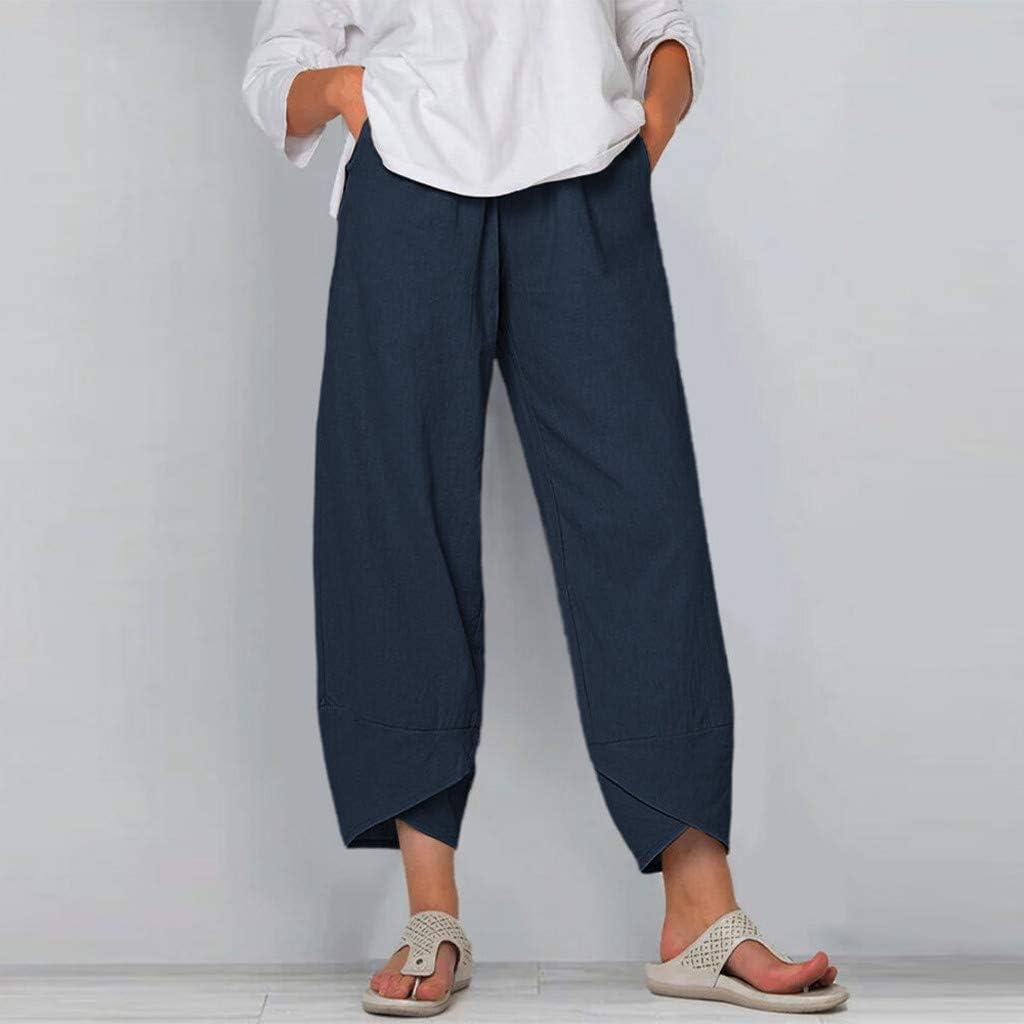 Linen Cropped Pants Women,Women's Casual Summer Capri Pants Cotton Linen  Print Wide Leg Ankle Pants with Pockets P02-navy Small