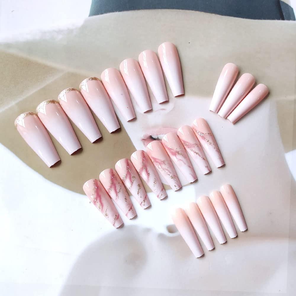 24pcs Gold Foil False Nail French Long Coffin Press on Nails for