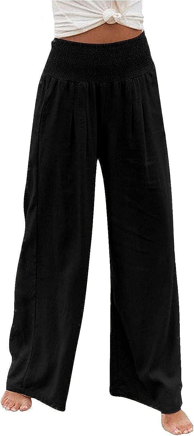 Bidobibo Linen Pants for Women High Waisted Loose Fit Palazzo Pants Boho  Casual Trousers Beach Lounge Pants with Pockets 5-black Medium