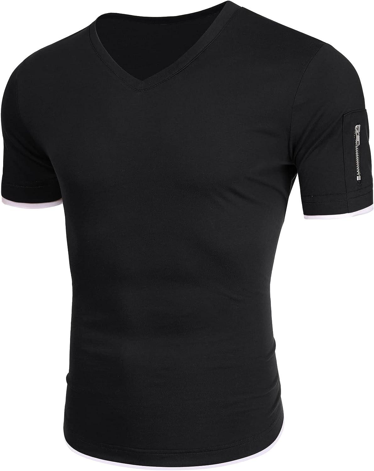 iWoo Mens V Neck Tee Shirts Muscle Athletic Workout T-Shirts Casual Pullover  Tops Contrast Color Base Tees Shirt Black Large