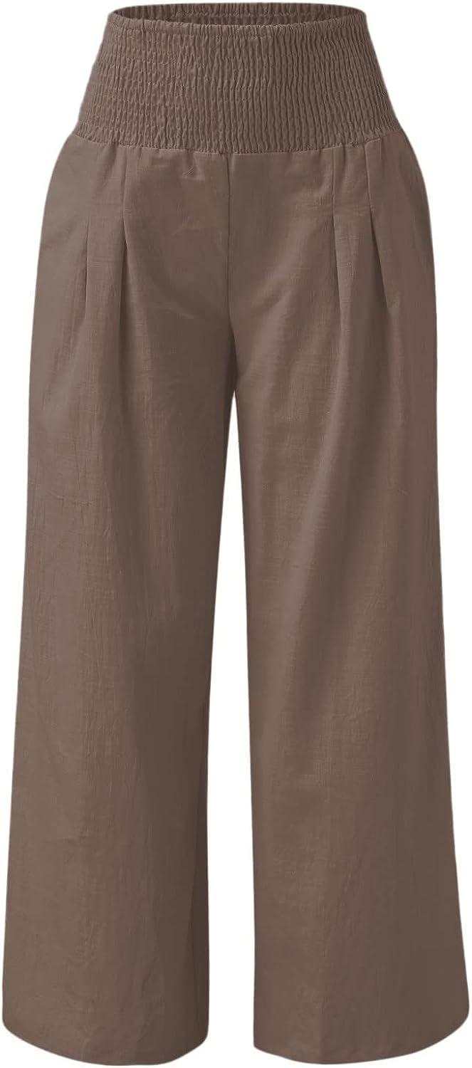 Gcvizuso Women's Cotton Linen Pants Summer Elastic High Waist Palazzo Pants  Loose Wide Leg Lounge Yoga Pants with Pockets A02-coffee Small
