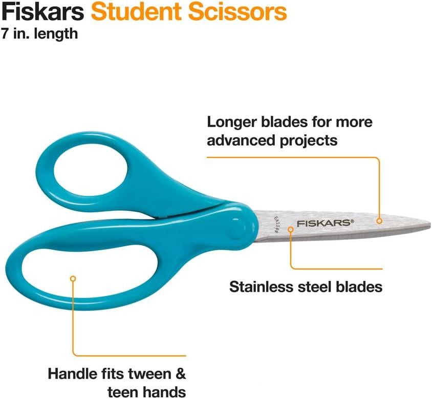 Fiskars Student Scissors, Scissors for School, 7 Inch, 3 Pack,Red, Blue,  Turquoise