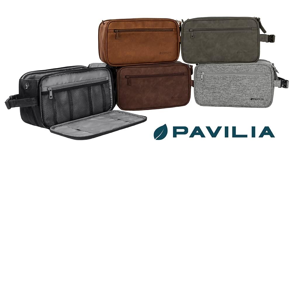 PAVILIA Toiletry Bag for Men, Travel Toiletries Bag | Water-Resistant Dopp Kit, PU Leather Shaving Bag Organizer for Toiletry Accessories, Grooming