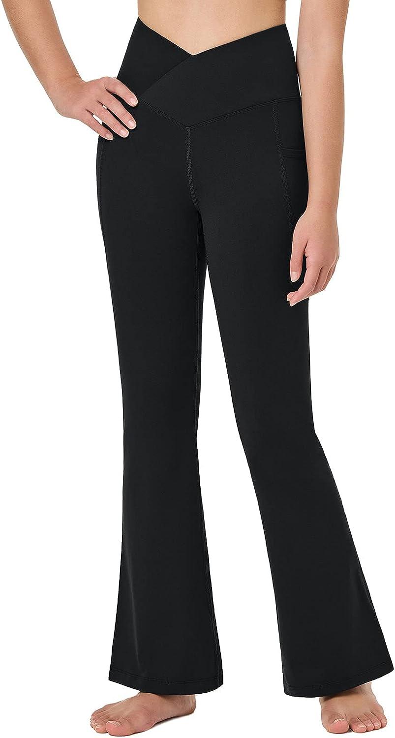 BALEAF Yoga Pants for Women Capris High Waist Leggings with Pockets Wide  Leg Exercise Workout Crop Straight Open Bottom, Black, X-Large