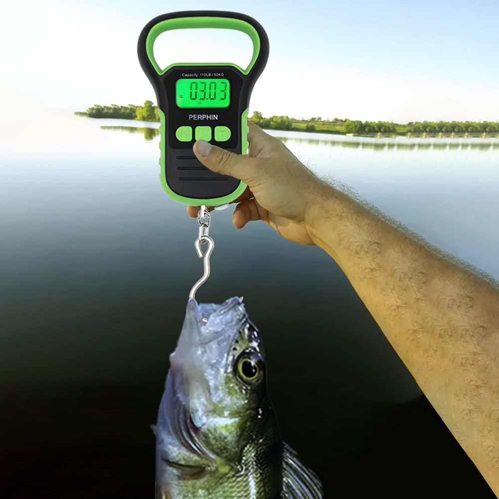 LATEST VERSION)Fishing Scale, Rubberized Fish Scale, 110pounds/50kg,  Portable Fishing Scale with Travel Pouch, Digital Fish Scale with 60 inches  Ruler, Large Backlight LCD Dispaly, in Black and Green