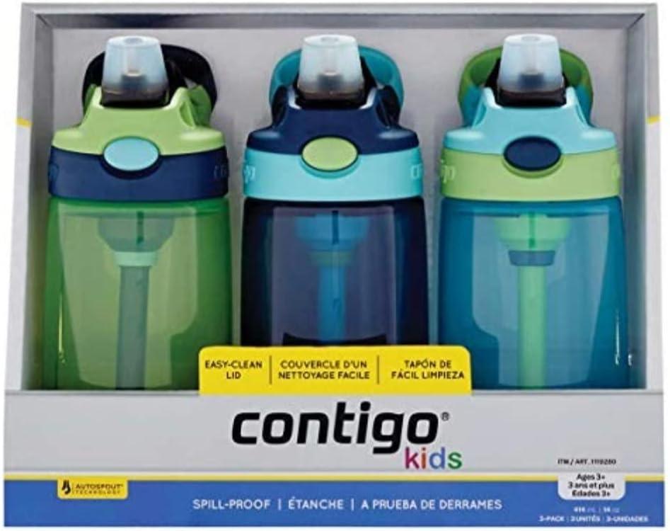 Contigo Kids Water Bottle 14 oz with Autospout Technology Spill Proof  Easy-Clean Lid Design Ages 3 Plus Top Rack Dishwasher Safe 3-Pack  Purple/Blue/Pink