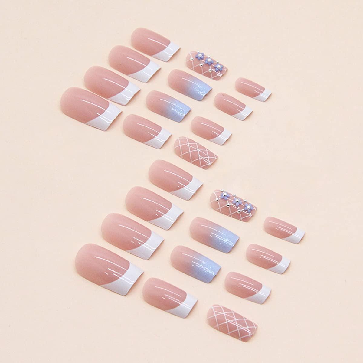 French Nail Manicure, 24pcs Nail Kit With Pink Nail Glue,blue Gradient Fake  Nails, Glitter Artificial False Nails